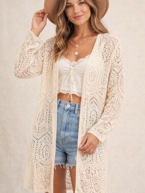 Chelsea & Theodore Cream Crochet Lace Duster Cardigan Boho Open Knit S